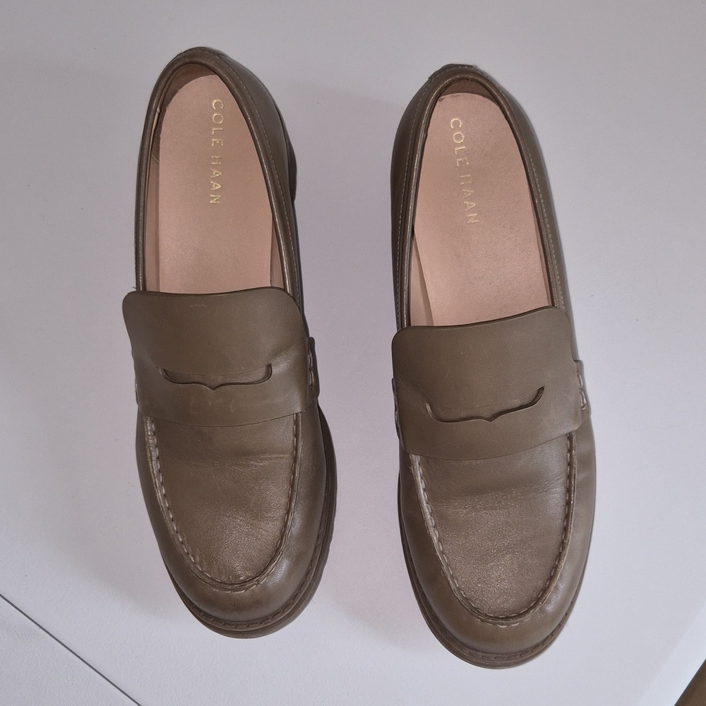 Cole Haan Camea Irish Coffee Leather Rounded Toe Slip On Block Heeled Loafers